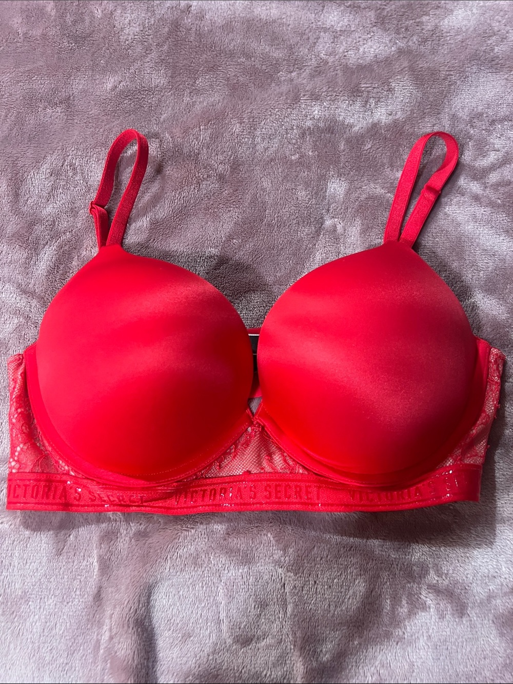 Victoria's Secret Bright Red Molded Lace-Trim Push-Up Bra